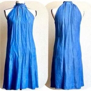 Nanette Lepore Sleeveless Halter Smocked Neckline Denim Chambray Dress Size S